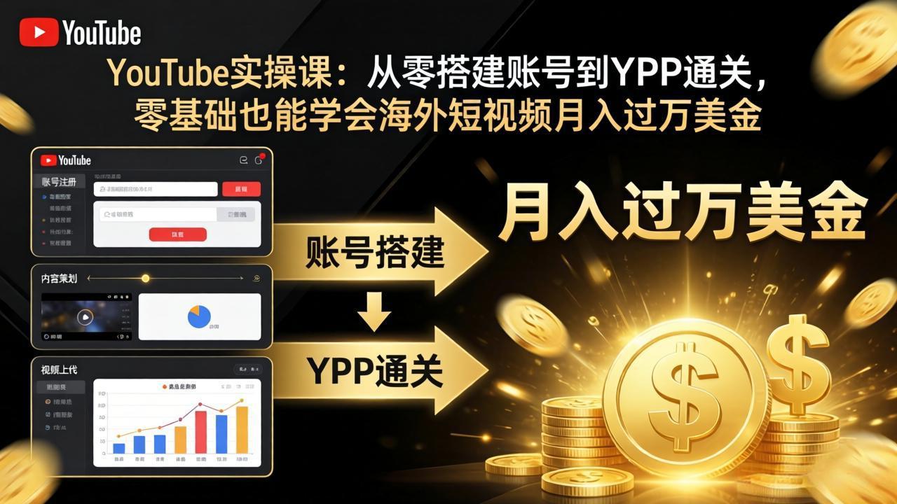 YouTube实操课：从零搭建账号到YPP通关，零基础也能学会海外短视频月入过万美金-黑马项目网