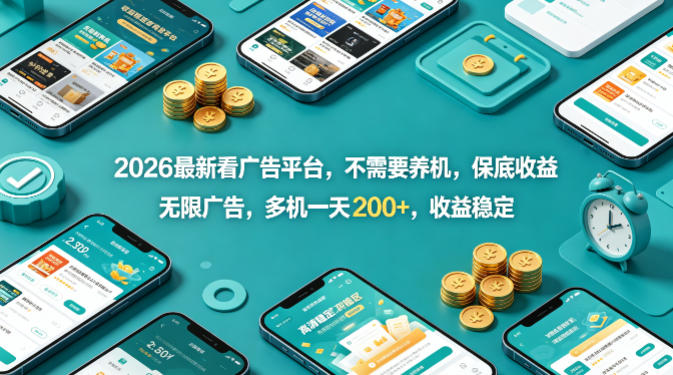 2026最新看广告平台，不需要养机，保底收益，无限广告，多机一天200+，收益稳定【揭秘】-黑马项目网