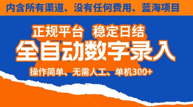 全自动数字录入，单机日入3张+，内含所有渠道全程免费零成本，操作简单可矩阵开干【揭秘】-黑马项目网