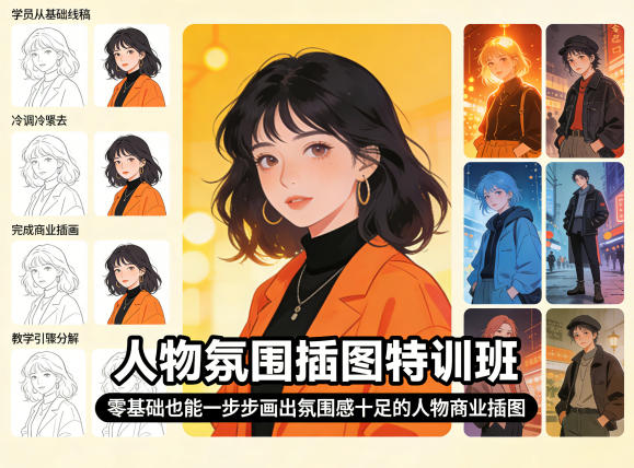人物氛围插图特训班，零基础也能一步步画出氛围感十足的人物商业插图-黑马项目网