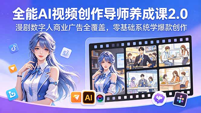全能AI视频创作导师养成课2.0，漫剧数字人商业广告全覆盖，零基础系统学爆款创作-黑马项目网