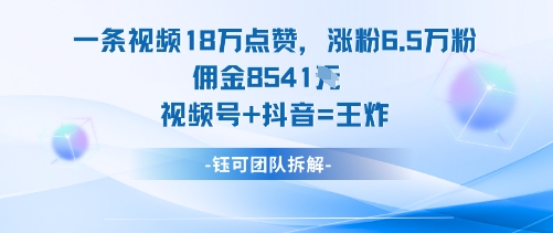 一条视频18W点赞，涨粉6.5W粉佣金8541米，视频号+抖音=王炸-黑马项目网