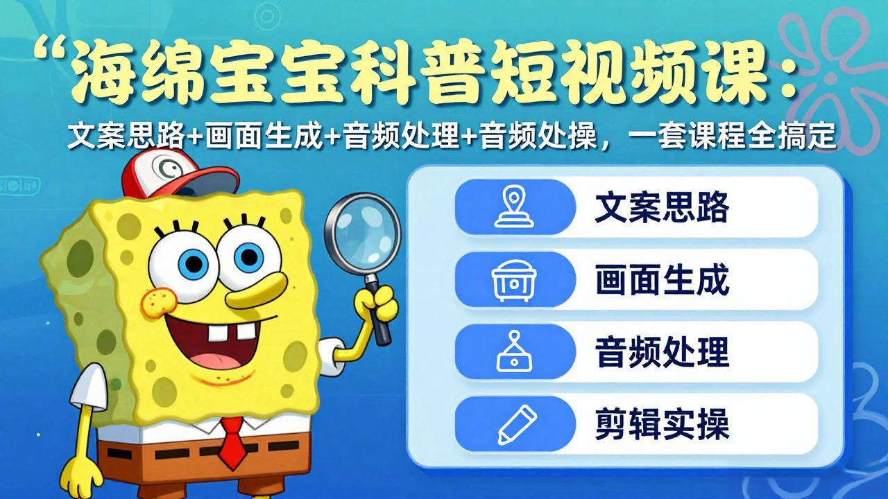 海绵宝宝科普短视频课：文案思路+画面生成+音频处理+剪辑实操，一套课程全搞定-黑马项目网