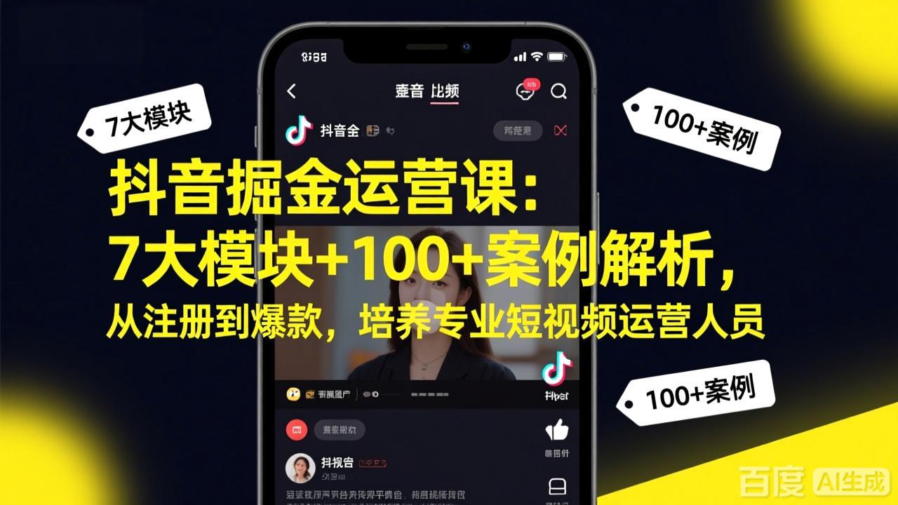 抖音掘金运营课：7大模块+100+案例解析，从注册到爆款，培养专业短视频运营人员-黑马项目网