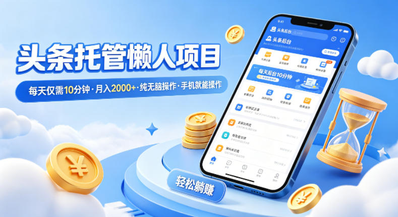 头条托管懒人项目，每天仅需10分钟，月入2000+，纯无脑操作，手机就能操作【揭秘】-黑马项目网
