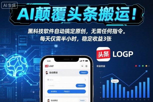 AI颠覆头条搬运！黑科技软件自动搞定原创，无需任何指令。每天仅需半小时，稳定收益3张【揭秘】-黑马项目网