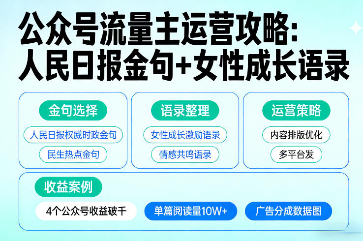利用人民日报金句+女性成长语录做公众号流量主，4个公众号收益破千-黑马项目网