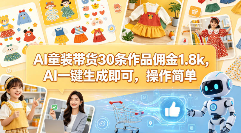 AI童装带货30条作品佣金1.8k，AI一键生成即可，操作简单-黑马项目网