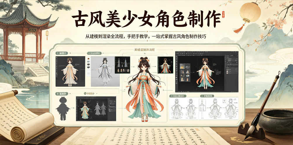 古风美少女角色制作，从建模到渲染全流程，手把手教学，一站式掌握古风角色制作技巧-黑马项目网