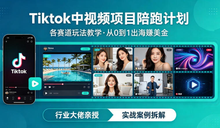 某大佬的Tiktok中视频项目陪跑，涵盖TK各个赛道玩法教学，从0到1出海賺美金-黑马项目网