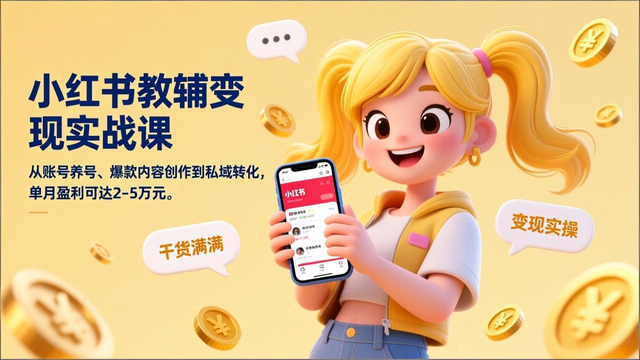 小红书教辅变现实战课，从账号养号、爆款内容创作到私域转化，单月盈利可达2-5万元-黑马项目网