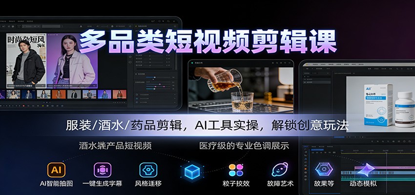 多品类短视频剪辑课：服装/酒水/药品剪辑，AI工具实操，解锁创意玩法-黑马项目网