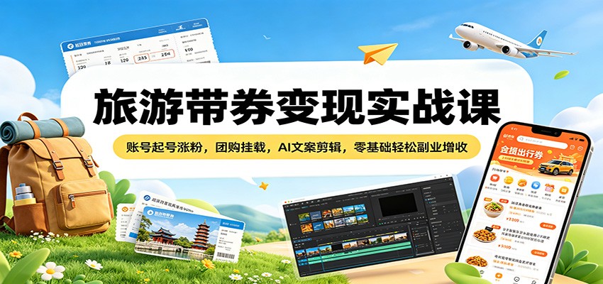 旅游带券变现实战课：账号起号涨粉，团购挂载，AI文案剪辑，零基础轻松副业增收-黑马项目网