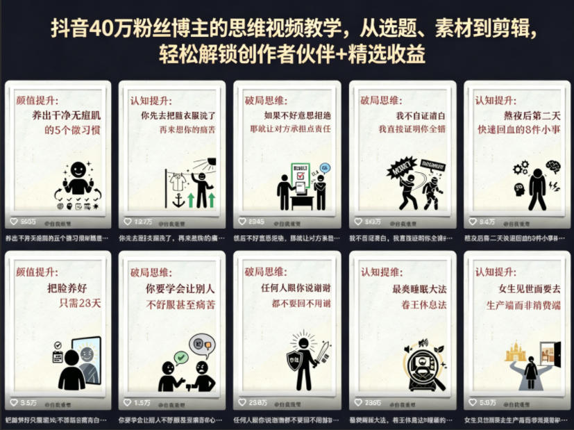 抖音40W粉丝博主的思维视频教学，从选题、素材到剪辑，轻松解锁创作者伙伴+精选收益-黑马项目网