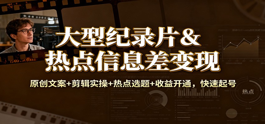 大型纪录片&热点信息差变现：原创文案+剪辑实操+热点选题+收益开通，快速起号-黑马项目网