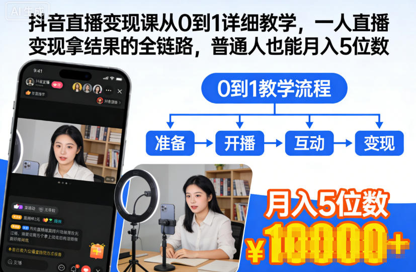 抖音直播变现课从0到1详细教学，一人直播变现拿结果的全链路，普通人也能月入5位数-黑马项目网