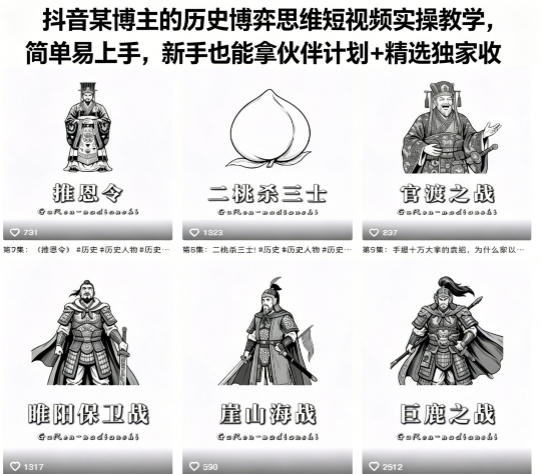 抖音某博主的历史博弈思维短视频实操教学，简单易上手，新手也能拿伙伴计划+精选独家收益-黑马项目网