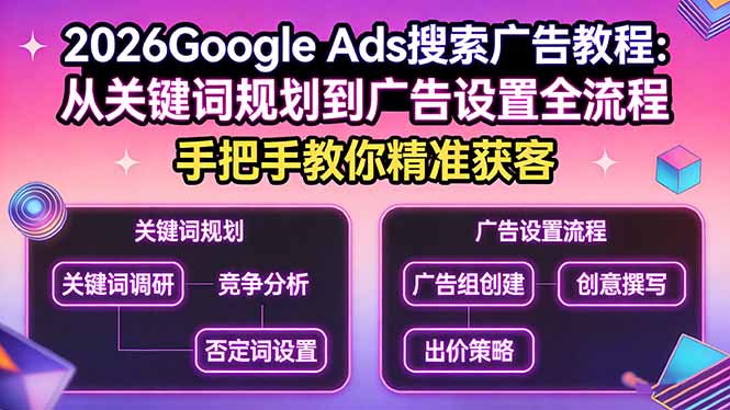 2026Google Ads搜索广告教程：从关键词规划到广告设置全流程，手把手教你精准获客-黑马项目网