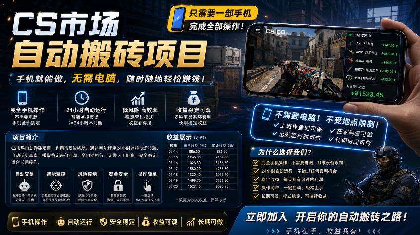 手机即可操作的CS市场自动搬砖系统｜自动监控｜自动下单|日入300+【揭秘】-黑马项目网
