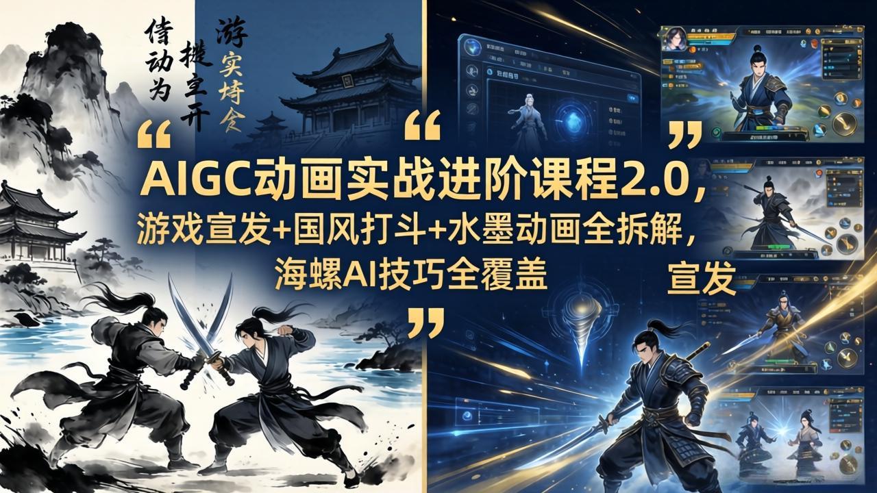 AIGC动画实战进阶课程2.0，游戏宣发+国风打斗+水墨动画全拆解，海螺AI技巧全覆盖-黑马项目网