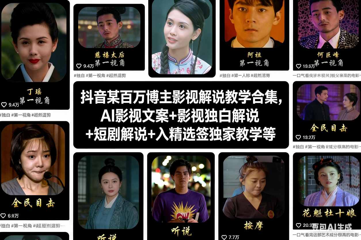 抖音某百万博主影视解说教学合集，AI影视文案+影视独白解说+短剧解说+入精选签独家教学等-黑马项目网