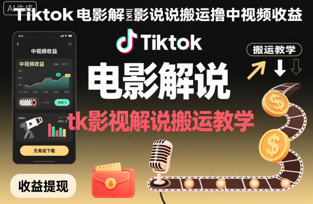 Tiktok电影解说搬运撸中视频收益，tk影视解说搬运教学-黑马项目网