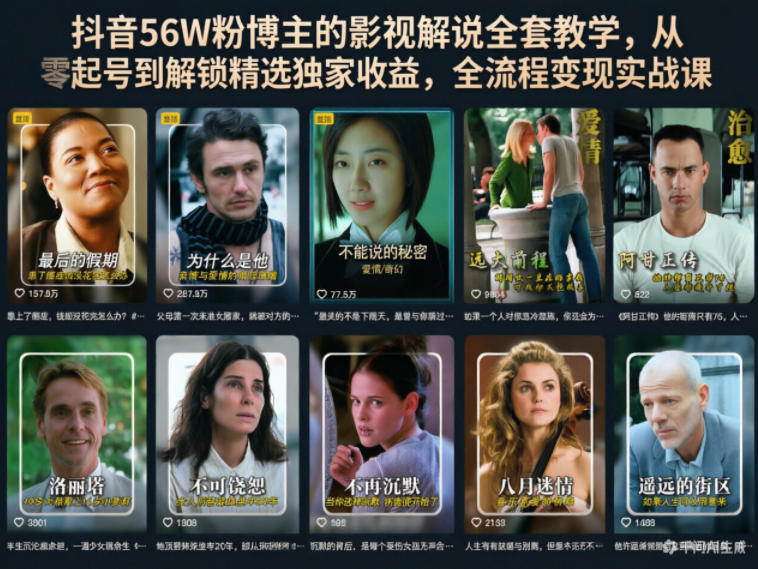 抖音56W粉博主的影视解说全套教学，从零起号到解锁精选独家收益，全流程变现实战课-黑马项目网