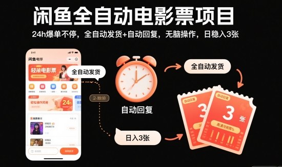 闲鱼全自动电影票项目，24h爆单不停，全自动发货+自动回复，无脑操作，日稳入3张【揭秘】-黑马项目网