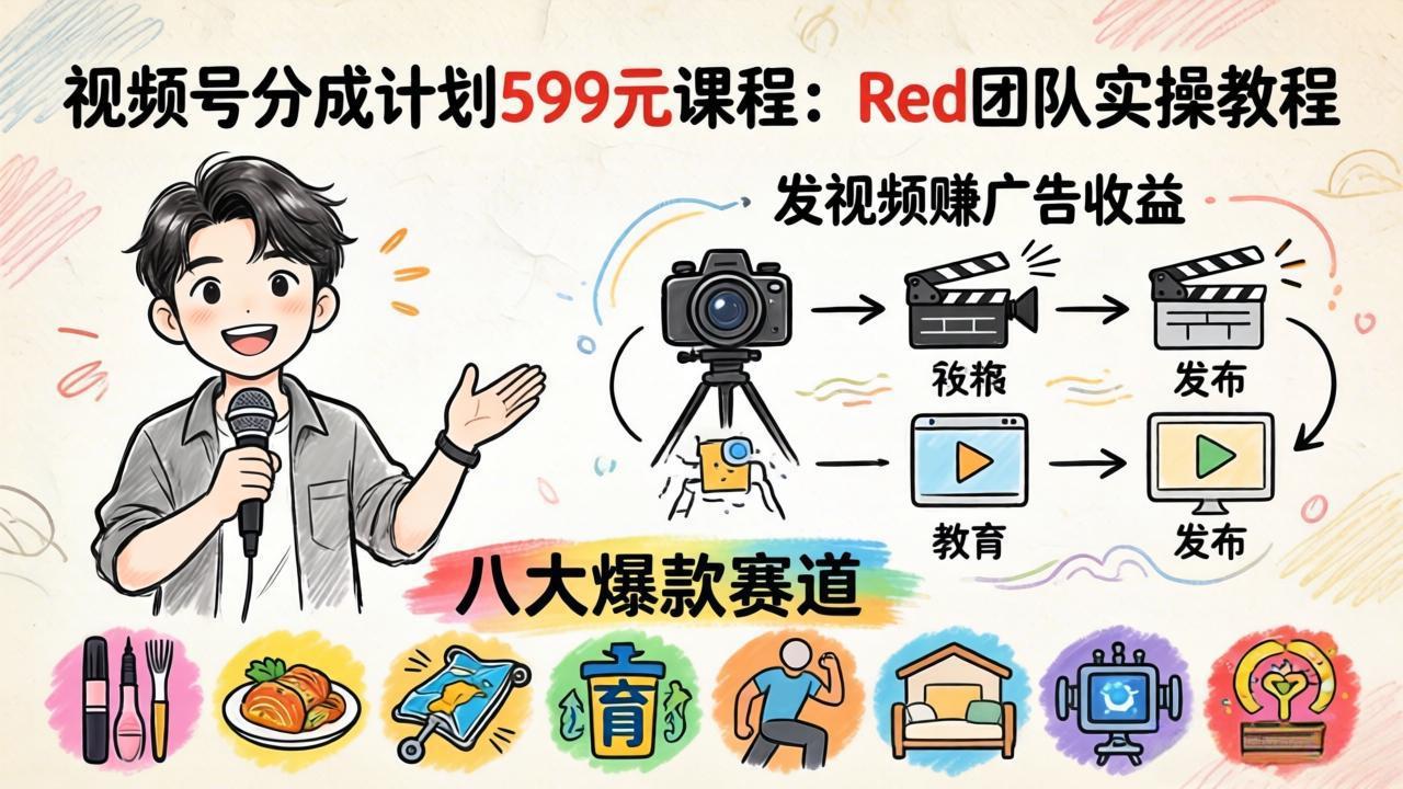 视频号分成计划599元课程：Red团队实操教程，发视频赚广告收益，八大爆款赛道全掌握-黑马项目网
