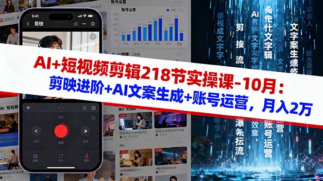 AI+短视频剪辑218节实操课-10月：剪映进阶+AI文案生成+账号运营，月入2万-黑马项目网