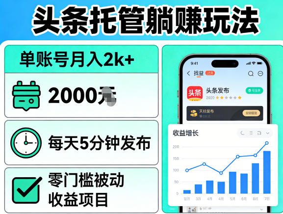 头条托管躺賺玩法，单账号月入2k+，每天5分钟发布即可，零门槛被动收益项目【揭秘】-黑马项目网