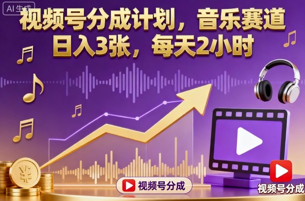视频号分成计划，音乐赛道，日入3张，每天2小时-黑马项目网