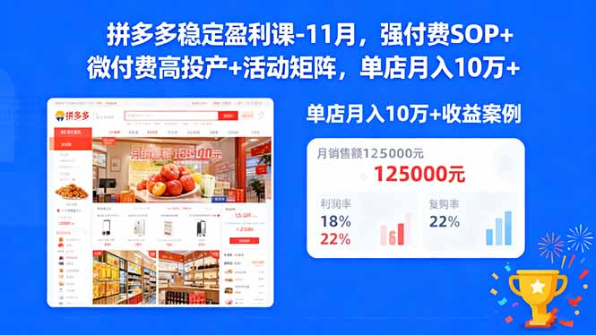 拼多多稳定盈利课-11月，强付费SOP+微付费高投产+活动矩阵，单店月入10万+-黑马项目网