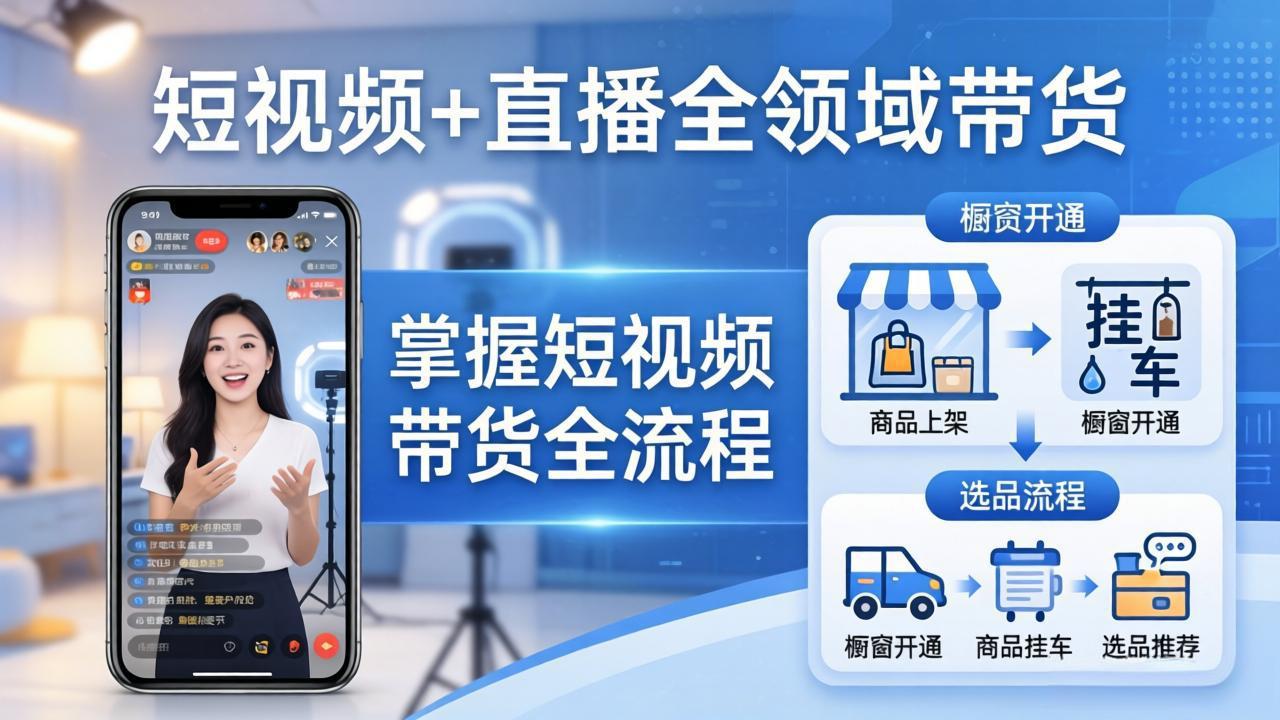 短视频+直播全领域带货-更新：掌握橱窗开通、挂车、选品、爆款文案改编等短视频带货全流程-黑马项目网