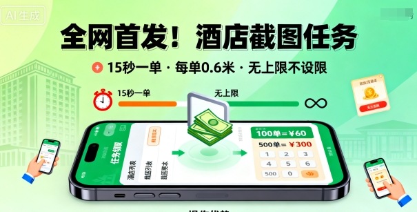 全网首发！酒店截图任务，15秒一单，每单0.6米，任务无上限不设限，矩阵操作单日3张到手【揭秘】-黑马项目网