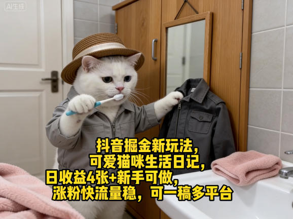 抖音掘金新玩法，可爱猫咪生活日记，日收益4张+新手可做，涨粉快流量稳，可一稿多平台-黑马项目网