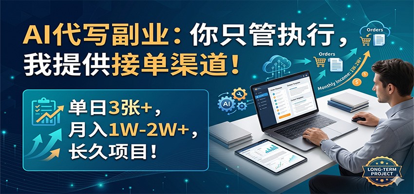 AI代写副业：你只管执行，我提供接单渠道！单日3张+，月入1W-2W+，长久项目-黑马项目网
