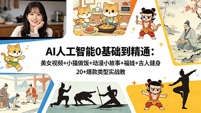 AI人工智能0基础到精通：美女视频+小猫做饭+动漫小故事+福娃+古人健身，20+爆款类型实战教学-黑马项目网