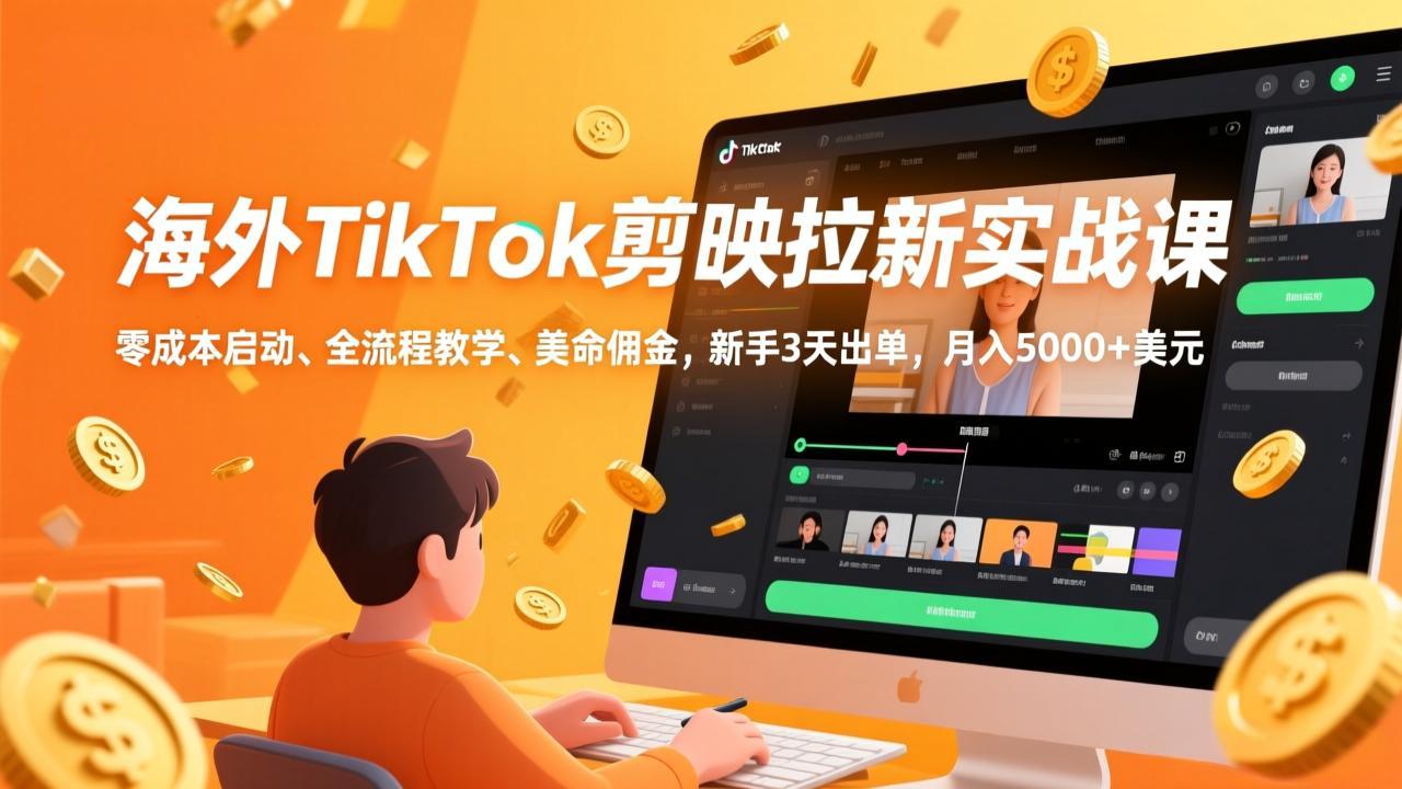 海外TikTok剪映拉新实战课，零成本启动、全流程教学、美金佣金，新手3天出单，月入5000+美元-黑马项目网