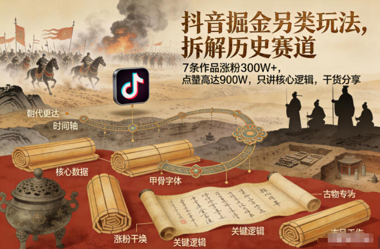 抖音掘金另类玩法，拆解历史赛道，7条作品涨粉300W+，点赞量高达900W，只讲核心逻辑，干货分享-黑马项目网