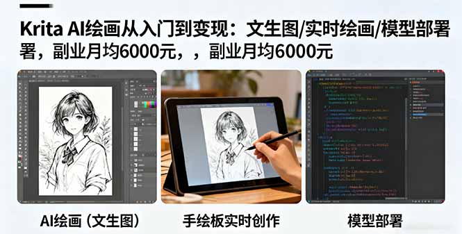 Krita AI绘画从入门到变现：文生图/实时绘画/模型部署，副业月均6000元-黑马项目网