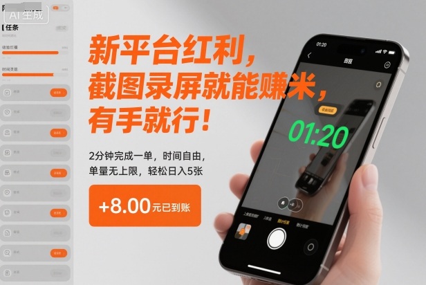 新平台红利，截图录屏就能賺米，有手就行！2分钟完成一单，时间自由，单量无上限，轻松日入5张【揭秘】-黑马项目网