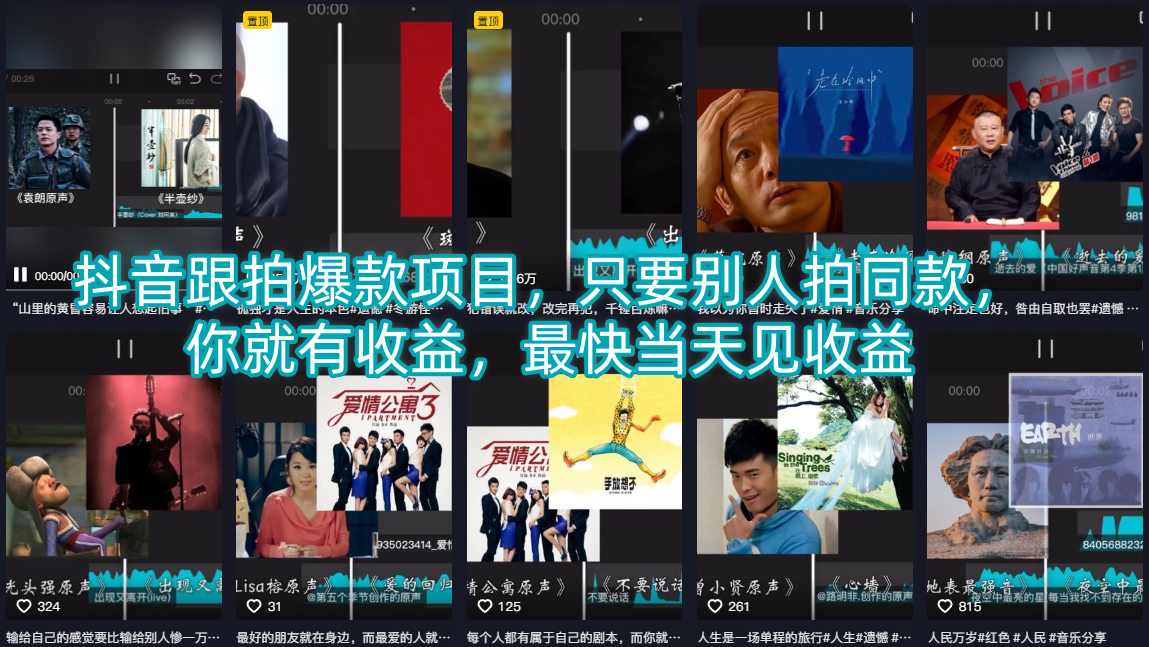 抖音跟拍爆款项目，只要别人拍同款，你就有收益，最快当天见收益-黑马项目网