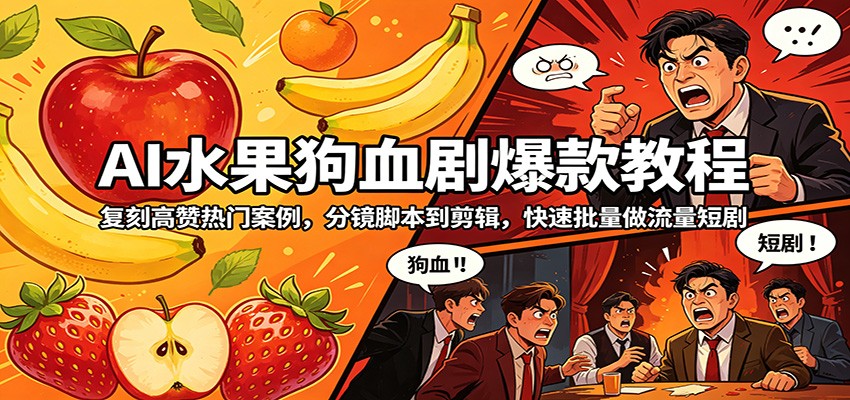 AI水果狗血剧爆款教程：复刻高赞热门案例，分镜脚本到剪辑，快速批量做流量短剧-黑马项目网