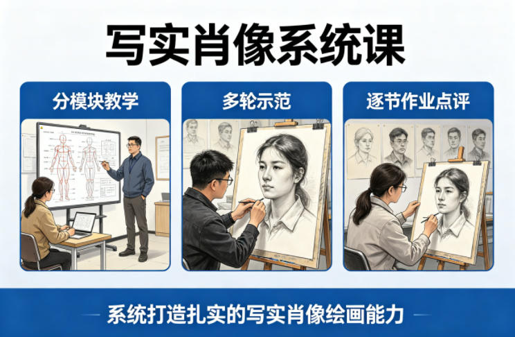 写实肖像系统课，全程分模块教学+多轮示范+逐节作业点评，系统打造扎实的写实肖像绘画能力-黑马项目网