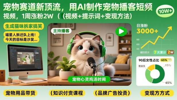 宠物赛道新顶流，用AI制作宠物播客短视频，1周涨粉2W(视频+提示词+变现方法)-黑马项目网