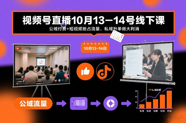 视频号直播10月13-14号线下课,公域付费+短视频抢占流量,私域升单做大利消-黑马项目网
