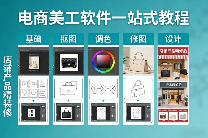 电商美工软件一站式教程，基础/抠图/调色/修图/设计，店铺产品精装修-黑马项目网