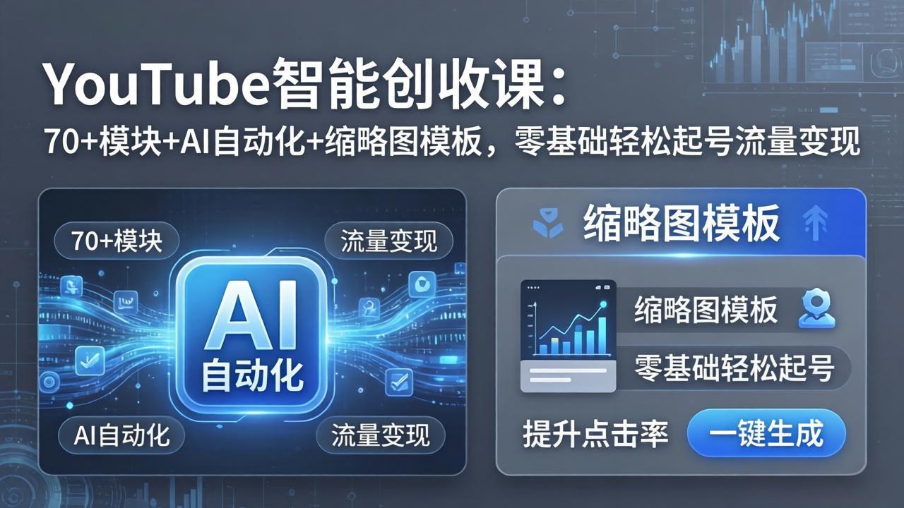 YouTube智能创收课：70+模块+AI自动化+缩略图模板，零基础轻松起号流量变现-黑马项目网