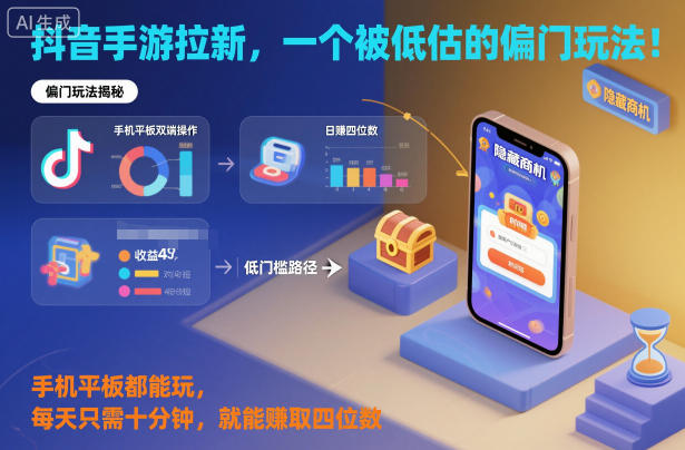 抖音手游拉新，一个被低估的偏门玩法！手机平板都能玩，每天只需十分钟，就能賺取四位数【揭秘】-黑马项目网